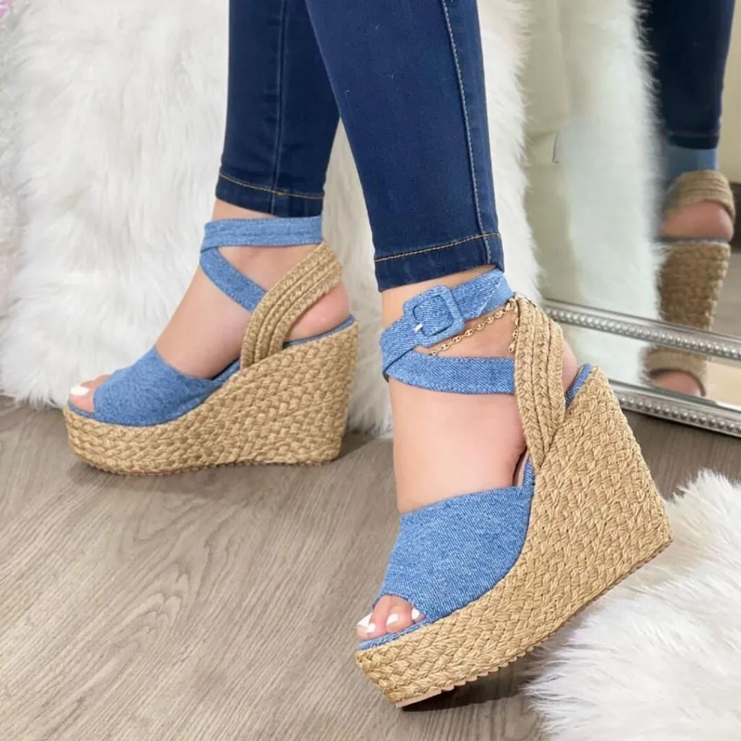 Sandalias cuñas en yute jeans