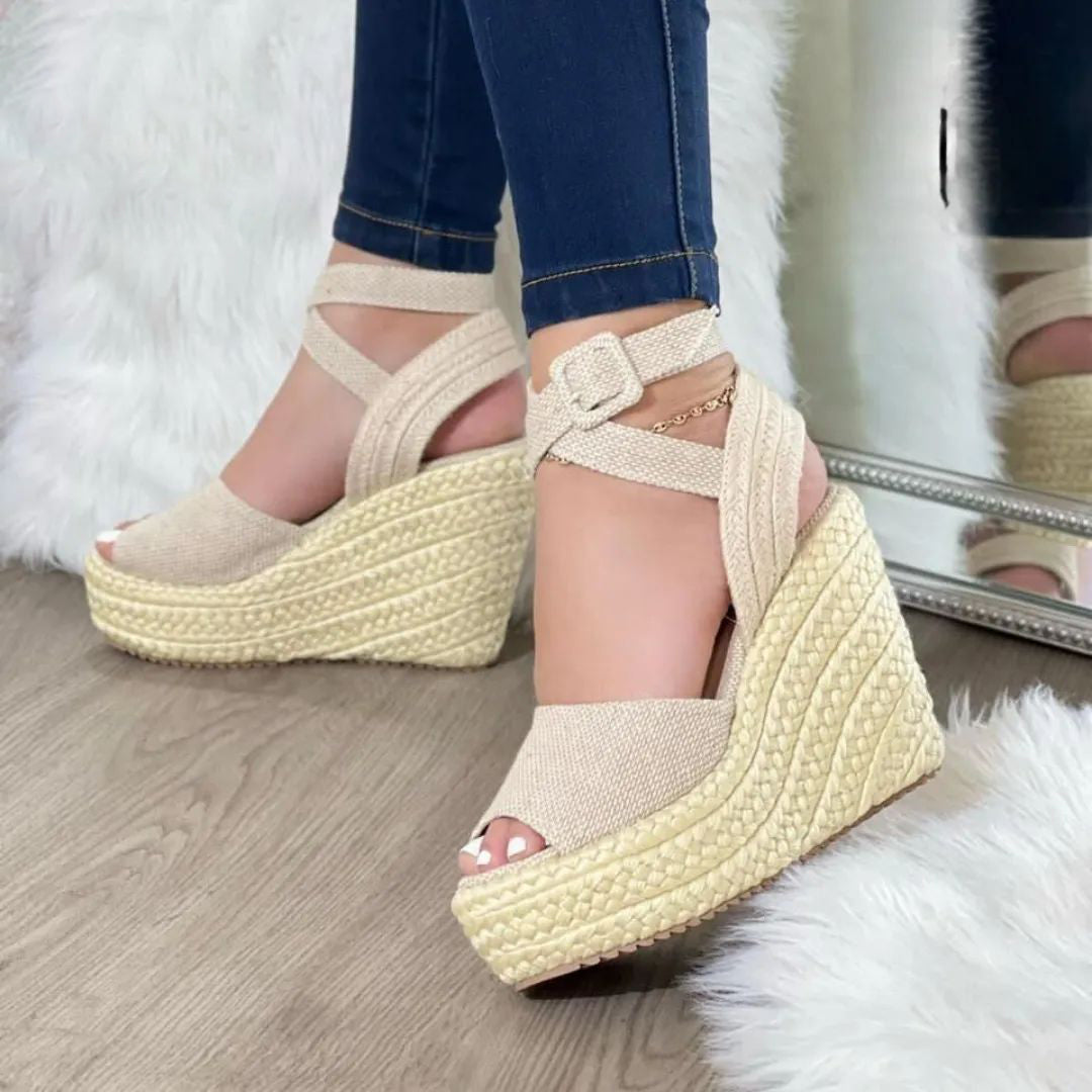 Sandalias cuñas en yute jeans